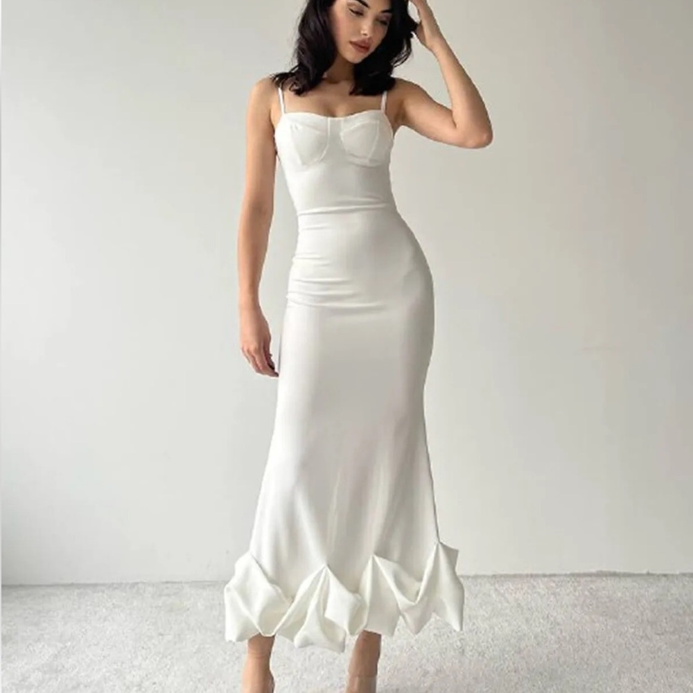 SHEIN White Fitted Midi Dress with Ruffled Hem